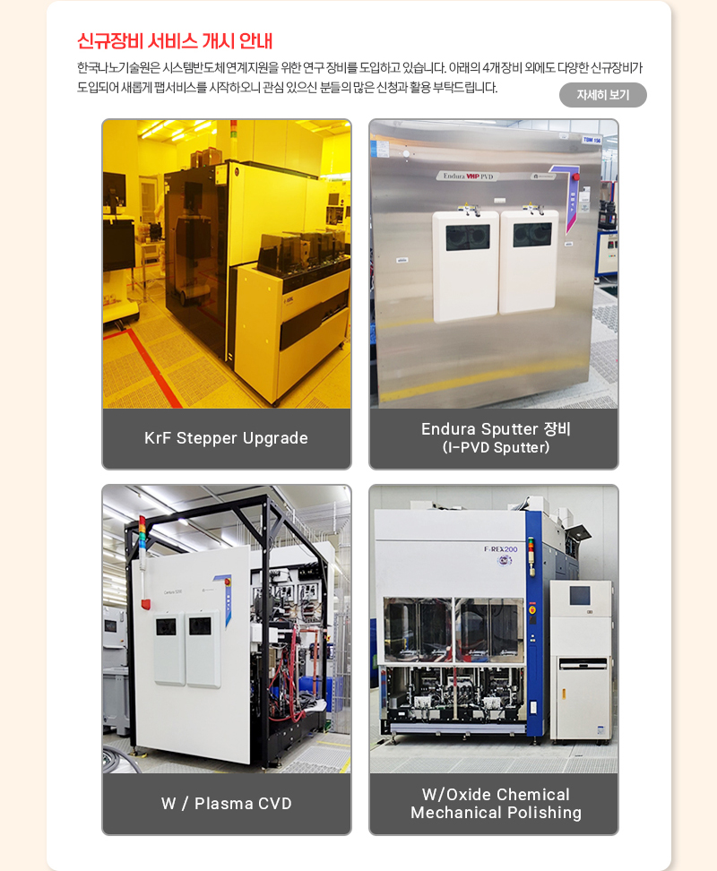 신규장비 서비스 개시 안내 한국나노기술원은 시스템반도체연계지원을 위한 연구 장비를 도입하고 있습니다. 아래의 4개 장비 외에도 다양한 신규장비가 도입되어 새롭게 팹서비스를 시작하오니 관심 있으신 분들의 많은 신청과 활용 부탁드립니다. 자세히보기 KrF Stepper Upgrade Endura Sputter 장비(I-PVD Sputter) W/Plasma CVD W/Oxide Chmical Mechanical Polishing