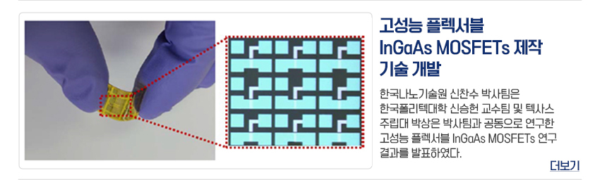 고성능 플렉서블 InGaAs MOSFETs 제작 기술 개발 한국나노기술원 신찬수 박사팀은 한국폴리텍대학 신승헌 교수팀 및 텍사스 주립대 박상은 박사팀과 공동으로 연구한 고성능 플렉서블 InGaAs MOSFETs 연구 결과를 발표하였다. 더보기