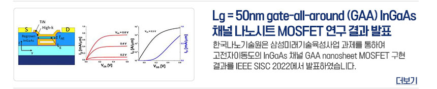 Lg = 50nm gate-all-around(GAA) InGaAs 채널 나노시트 MOSFET 연구 결과 발표 한국나노기술원은 삼성미래기술육성사업 과제를 통하여 고전자이동도의 InGaAs 채널 GAA nanosheete MOSFET 구현 결과를 IEEE SISC 2022에서 발표하였습니다. 더보기