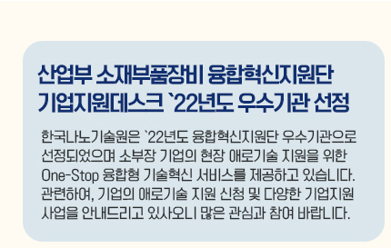 산업부 소재부품장비 융합혁신지원단 기업지원데스크 22년도 우수기관 선정 한국나노기술원은 22년도 융합혁신지원단 우수기관으로 선정되었으며 소부장 기업의 현장 애로기술 지원을 위한 One-Stop 융합형 기술혁신 서비스를 제공하고 있습니다. 관련하여, 기업의 애로기술 지원 신청 및 다양한 기업지원사업을 안내드리고 있사오니 많은 관심과 참여 바랍니다.