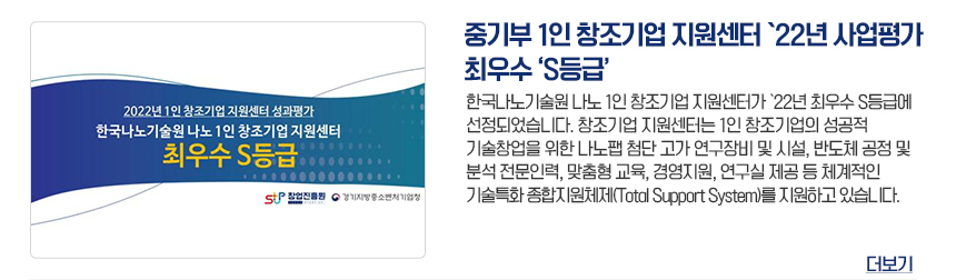 중기부 1인 창조기업 지원센터 22년 사업평가 최우수 S등급 한국나노기술원 나노 1인 창조기업 지원센터가 22년 최우수 S등급에 선정되었습니다. 창조기업 지원센터는 1인 창조기업의 성공적 기술창업을 위한 나노팹 첨단 고가 연구장비 및 시설, 반도체 공정 및 분석 전문인력, 맞춤형 교육, 경영지원, 연구실 제공 등 체계적인 기술특화 종합지원체제(Total Support System)를 지원하고 있습니다.