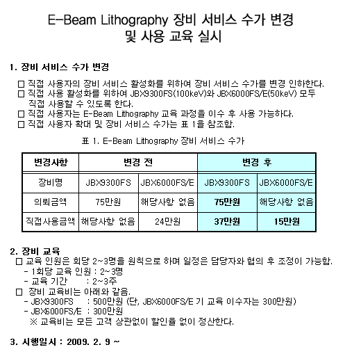 E-Beam Lithography 장비 서비스 수가 변경 및 사용 교육 실시